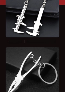 Detail of metal wrench and plier keychains showing premium zinc alloy texture