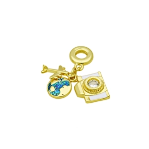 Detailed gold charm featuring a miniature airplane, globe, and camera with crystals