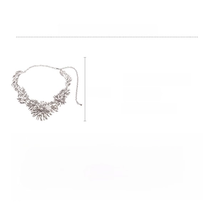 Close-up of silver geometric floral necklace with pearls and 59.5cm length detail