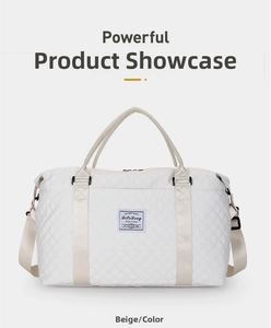 Close-up of beige quilted yoga travel bag featuring diamond stitching and brand tag