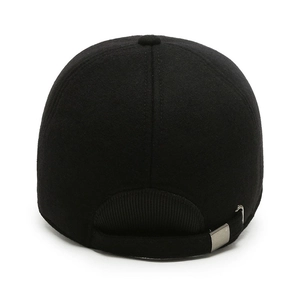 Rear view of black wool winter hat for men with adjustable metal buckle and warm texture