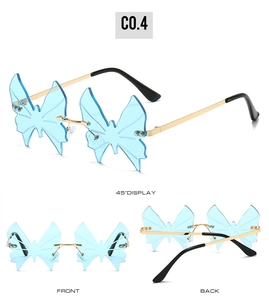 Three views of rimless butterfly sunglasses in sky blue with gold metal temples