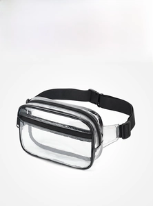 Detailed view of clear PVC waist bag with double black zippers and adjustable nylon strap