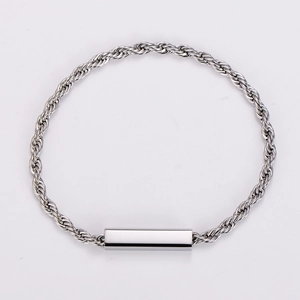 Modern silver stainless steel twist chain bracelet with a polished rectangular pendant