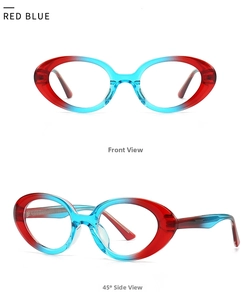 Front and 45-degree angle view of stylish red and blue gradient cat-eye sunglasses