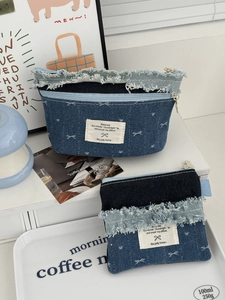 Denim Makeup Pouch Storage Bag Bowknot Pattern Frayed Edge Patchwork Zip Organizer Checkered Lining Cosmetics Ins Style
