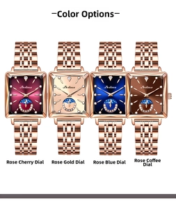 Detail view of square women watches with sun and moon dial in four elegant colors