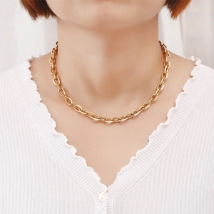 Close-up of golden stainless steel cross link chain necklace on model neck