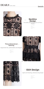 Detail showing elegant hollow out lace dress with stand collar and waist belt