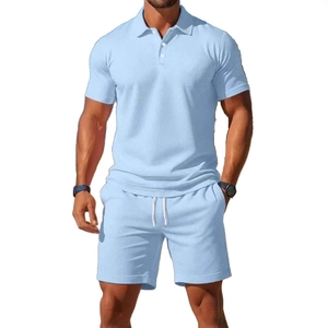 Men Polo Shirt And Shorts Waffle Knit Breathable Turn Down Collar Casual Summer Outfits