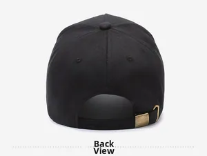 Detail view of the black baseball cap back with adjustable bronze metal buckle strap