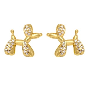 Gold balloon dog stud earrings with sparkling white crystals in pop art style design