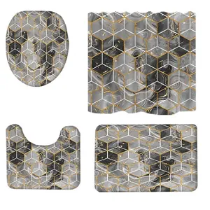 Set bagno 4 pezzi in marmo grigio e oro con tabella taglie per tenda e tappeti