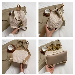 Multi-angle views of beige straw backpack with khaki PU leather tassel and drawstring
