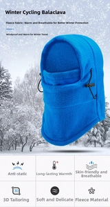 Detail of blue thermal cycling balaclava featuring adjustable drawstrings and polar fleece