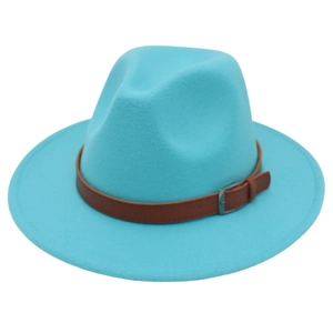 Detail of teal fedora hat showing brown leather belt and metallic pin buckle strap
