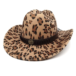 Western cowboy hat with leopard print, rolled brim and embossed metal buckle on band