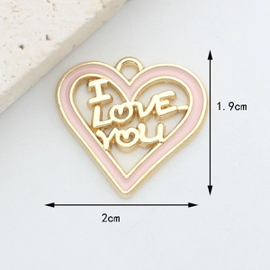 Detailed size view of a 2cm pink heart pendant with I Love You engraving