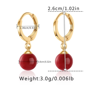 Detailed dimensions of 18K gold plated hoop earrings with glossy red pearl pendant