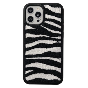 Zebra print plush embroidery phone case for iPhone 16 Pro Max with soft texture