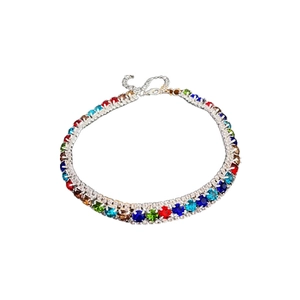 Rainbow rhinestone square necklace with silver base and adjustable lobster clasp on white background