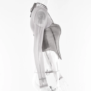 Side view of silver mesh long sleeve top and satin corset set on invisible mannequin