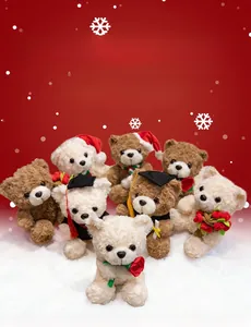 Group of plush teddy bears with graduation caps and red roses on festive snow background