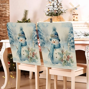 Detailed close-up of Christmas snowman chair covers in a festive holiday living room setup