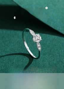 Macro shot of s925 sterling silver ring with brilliant round zircon and side accents