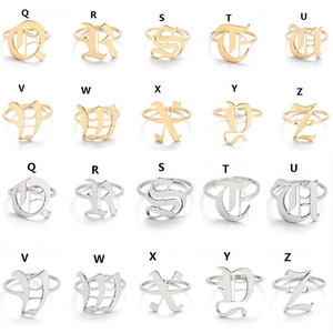 Gothic capital letter open rings Q-Z in gold and silver stainless steel finishes