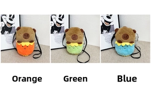 Detailed comparison of orange, green, and blue plush capybara crossbody bags for kids