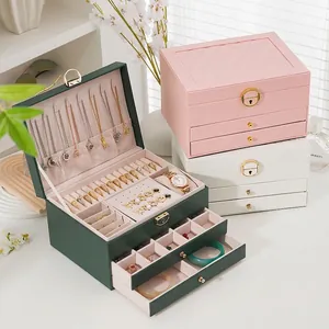Large Multi-Layer Jewelry Box For Women Faux Leather Jewelry Organizer Storage Case With Lock For Earrings Rings Necklaces