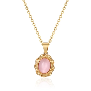 Vintage Pink Cat Eye Stone Necklace Stainless Steel French Niche Design Minimalist Geometric Wavy Edge Jewelry For Women