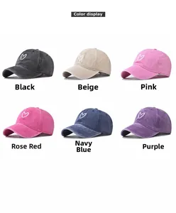 Various colors of washed cotton baseball caps with heart embroidery in 2x3 grid layout