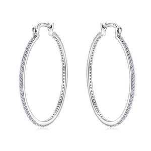 Polished sterling silver hoop earrings set with sparkling moissanite stones for women