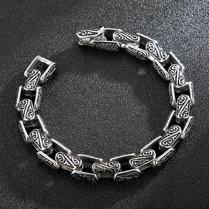 Retro vintage silver titanium steel bracelet with engraved floral patterns for men