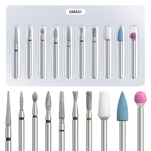 Detail showing professional 10-piece nail drill bit set with various shapes on a tray