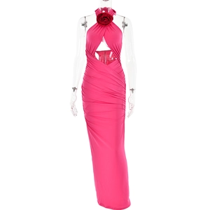 Pink halter neck maxi dress featuring red 3D rose detail and side cut-outs for women