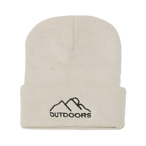 Winter rib-knit beanie with outdoor mountain embroidery in off-white finish