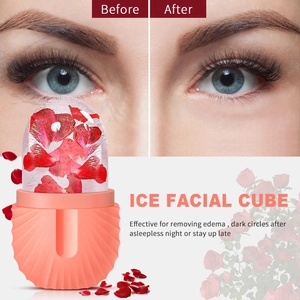 Detail of pink ice facial roller with rose petals for removing edema and dark circles
