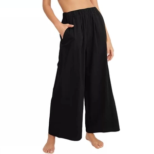 Pantalon large noir en coton et lin avec taille haute élastique et poches latérales