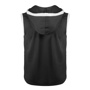 Detailed back view of a black hooded tank top with white trim and mesh texture