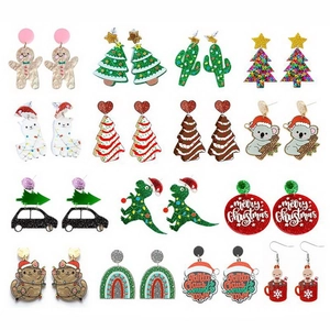 Acrylic Christmas Earrings For Women Kids Cute Dinosaur Christmas Tree Alpaca Santa Gingerbread Man Stainless Steel Earring Post Jewelry Gift
