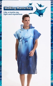 Close-up of microfiber beach poncho featuring blue manta ray pattern and hooded design