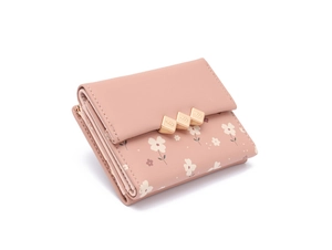 Detail of pink floral print PU leather wallet with elegant gold metal square buckles