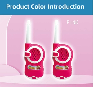 Detail of two pink children's walkie talkies with white antennas and round speaker grills