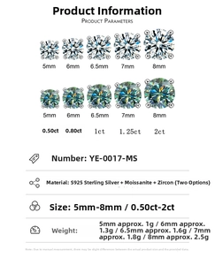 Detailed size chart for S925 sterling silver moissanite stud earrings from 0.5 to 2ct