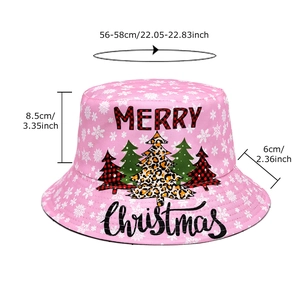 Pink Santa bucket hat with Merry Christmas print and snowy patterns for women