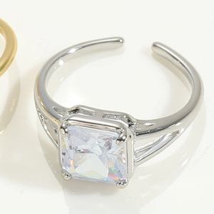 Macro detail of silver adjustable ring featuring a large square transparent gemstone