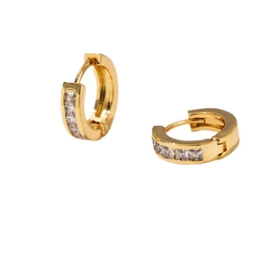 Elegant 10mm gold plated huggie earrings with square CZ stones on a white background